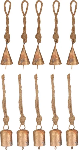 Vista 13 de Juego de 10 cascabeles y campanas de vaca doradas rústicas para manualidades, juego de cencerros pequeños vintage de 3.15 pulgadas con cuerda de Oro