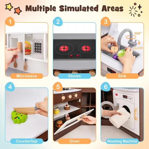 Vista 2 de Costzon Juego de cocina esquinera para niños, cocina de madera con sonidos y luces, lavadora, máquina de hielo, microondas, horno, fregadero