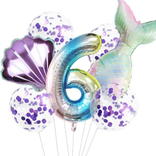 Vista 10 de 7 globos de sirena con números para fiesta de cumpleaños de 1, 2, 3, suministros de decoración de cola de sirena para niñas (número 0)