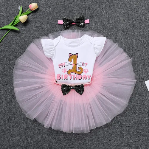 Vista 2 de IDOPIP Duck Cat 1st Birthday Outfit for Baby Girls Flutter Sleeve Romper Tutu Skirt Headband Cake Smash Party Dress Clothes