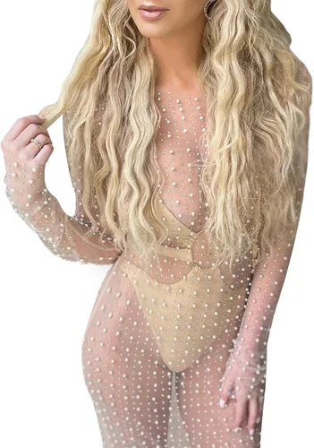 Vista 4 de Vestido de malla transparente con diamantes de imitación de perlas para mujer, cubierta de traje de baño de manga larga para playa