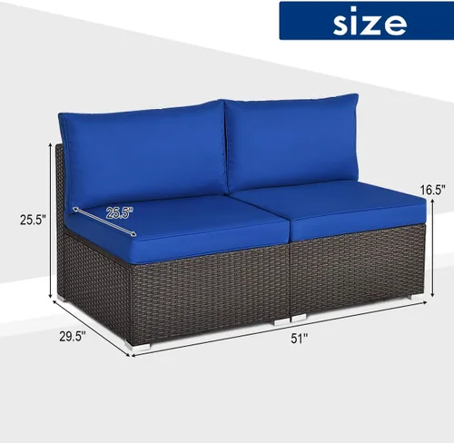 Vista 5 de Tangkula Juego de 2 sofás de mimbre para exteriores, sin brazos, juego de sofá modular de ratán para patio con 2 cojines de asiento gruesos y 2