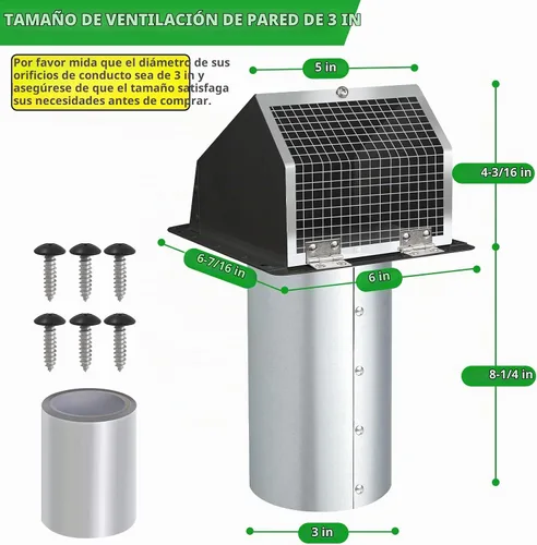 Vista 2 de Cubierta de ventilación para secadora de 3 pulgadas, rejilla de ventilación de pared con pantalla y amortiguador, cubierta de ventilación exterior