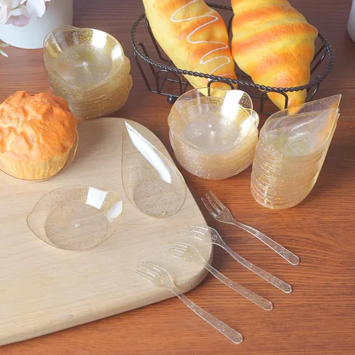 Vista 5 de XUWAIDSGN Juego de 100 platos dorados para aperitivos, platos de postre cuadrados y lágrimas con tenedores y cucharas, bandeja para servir