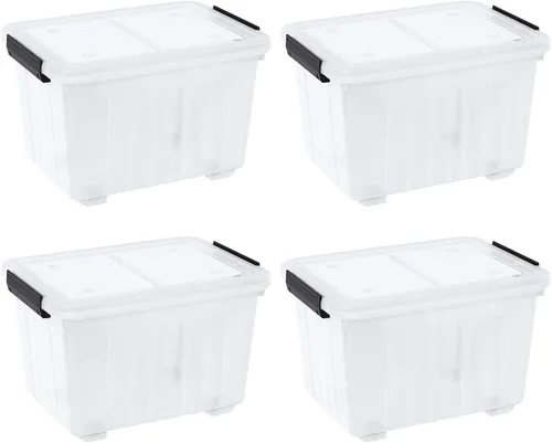 Vista 8 de Paquete de 4 cajas de plástico de 20 L, contenedores de almacenamiento transparentes con tapas/asas
