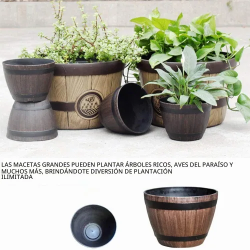 Vista 4 de Barril de madera de imitación, maceta de resina PP barril de plantación de madera imitada, diseño hueco, gran capacidad, contenedor de cubo