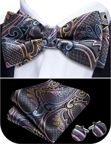 Vista 22 de Barry.Wang Pajarita de Rayas Paisley para Hombre de Seda Preatada Pañuelo de Bolsillo Gemelos Juego Formal Boda Fiesta Graduación