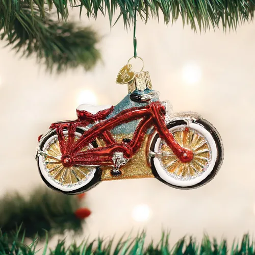 Vista 2 de Old World Christmas Cruiser Bike - Adorno de cristal soplado para árbol de Navidad, decoración navideña hecha a mano, colección deportiva