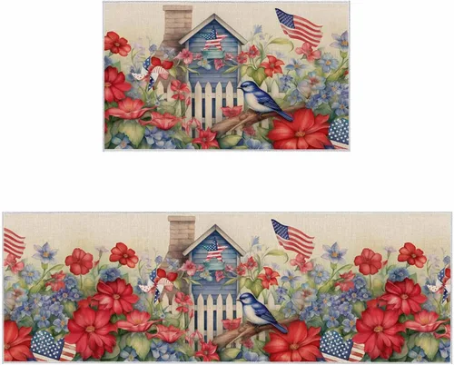 Vista 10 de T&H XHome Alfombras de camino de cocina del Día de la Independencia, 4 de julio, vintage, azul y rojo, con bandera de Estados Unidos, jarrón
