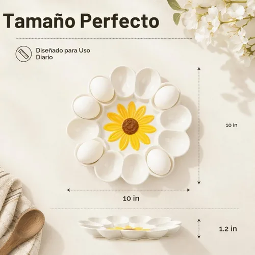Vista 3 de Bandeja de huevo Deviled de girasol de cerámica - Plato de huevo blanco para fiesta