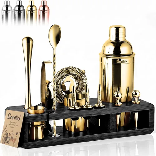 Vista 10 de Barillio Black Bartender Kit – Juego de coctelera de acero inoxidable con soporte de bambú – Herramientas de barra de mixología con coctelera