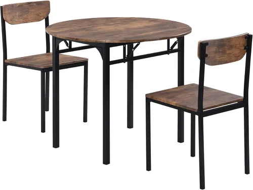 Vista 6 de Moderno juego de mesa de comedor redonda de 3 piezas con hojas caídas y 2 sillas para lugares pequeños, marco negro + acabado marrón rústico