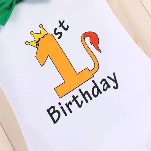 Vista 6 de IMEKIS Mameluco de cumpleaños con diseño de dinosaurio salvaje para niños y bebés, con tirantes + pantalones largos + diadema para sesión de fotos