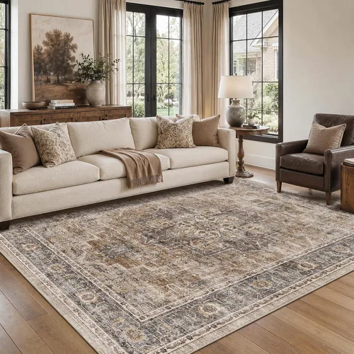 Vista 73 de Alfombra de pasillo vintage de 2 x 6 pies de pelo bajo Marrón beige