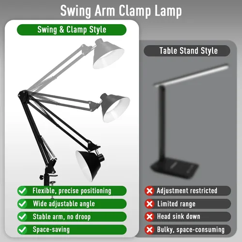 Vista 5 de Lámpara de escritorio LED para oficina en casa, lámpara de escritorio con brazo oscilante con abrazadera, lámpara de mesa de cuello de cisne Negro