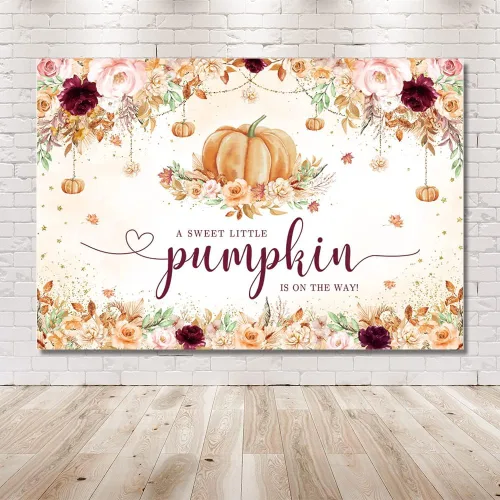 Vista 6 de MEHOFOND Telón de fondo de baby shower de calabaza pequeña de 7 x 5 pies para niñas, estilo bohemio, otoño, floral, recién nacido, decoración