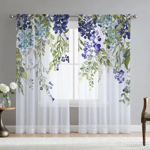Vista 18 de Cortinas de hojas de eucalipto verdes para sala de estar de 63 pulgadas de largo, juego de 2 paneles elegantes de flores silvestres con estampado