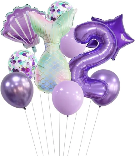 Vista 26 de 7 globos de sirena con números para fiesta de cumpleaños de 1, 2, 3, suministros de decoración de cola de sirena para niñas (número 0)