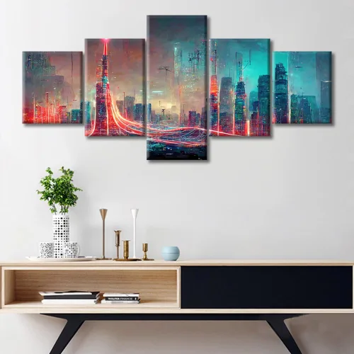 Vista 259 de Cuadros de 5 paneles de Cyberpunk City, arte de pared, representación de vallas publicitarias, edificios modernos en la capital con obras de arte