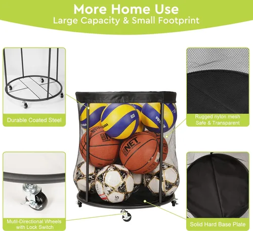 Vista 4 de Organizador de equipo deportivo para garaje, soporte de pelota de malla para fútbol, baloncesto, voleibol, béisbol, carrito de pelota de 48 galones
