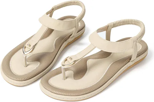 Vista 4 de SHIBEVER Sandalias bohemias para mujer de verano con cuentas y tirantes delgados al tobillo, zapatos elegantes