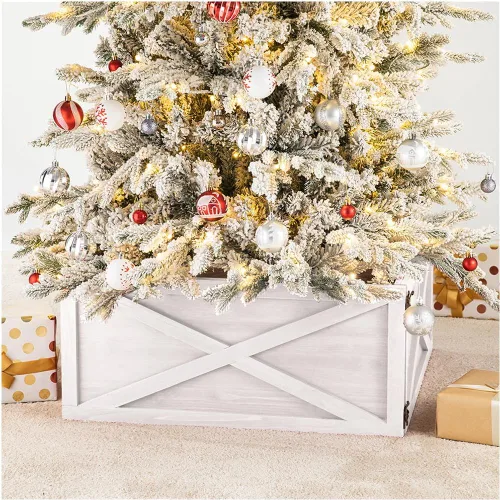 Vista 12 de Glitzhome Collar de árbol de madera, cubierta de base de árbol de Navidad, collares de árbol de Navidad para árboles artificiales, escena