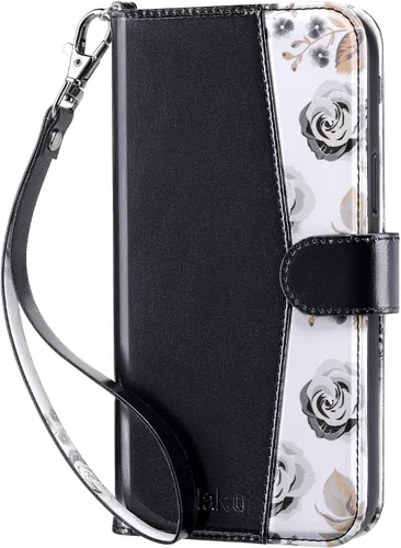 Vista 9 de ULAK Funda tipo cartera compatible con iPhone 15 Pro con tarjetero y diseño de flores, para mujeres y niñas, piel sintética, con función atril