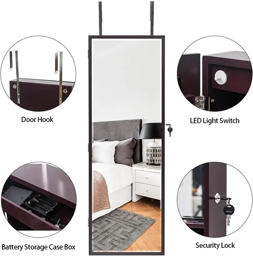 Vista 4 de Karl home Gabinete de joyería con 8 luces LED, organizador de almacenamiento de pared y puerta con cerradura de 42.5 pulgadas de alto con espejo
