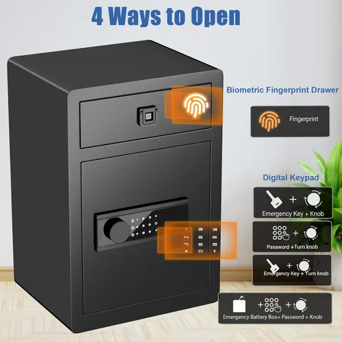 Vista 4 de 2.4 Cu Ft Small Safe Box Fireproof Waterproof -Home Safe with Biometric Fingerprint Drawer & Removable Shelf, Dual Alarm System,Gun Safe for