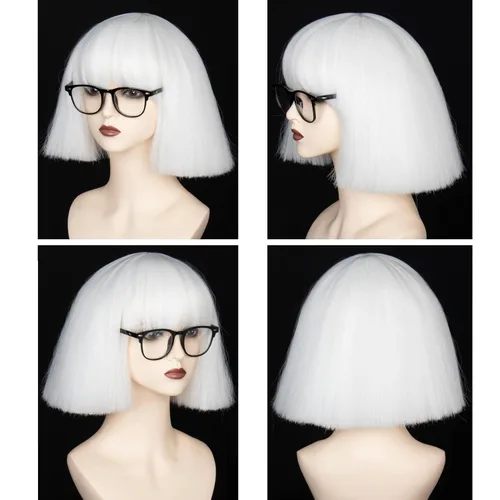 Vista 3 de miss u hair Peluca corta y esponjosa blanca para hombres y mujeres con gafas negras, para fiesta, Halloween, cosplay, peluca