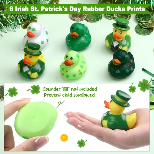Vista 3 de Jerify 12 patos de goma para el día de San Patricio, 6 estilos, patos de trébol para baño, piscina, cumpleaños, regalos irlandeses del día de San