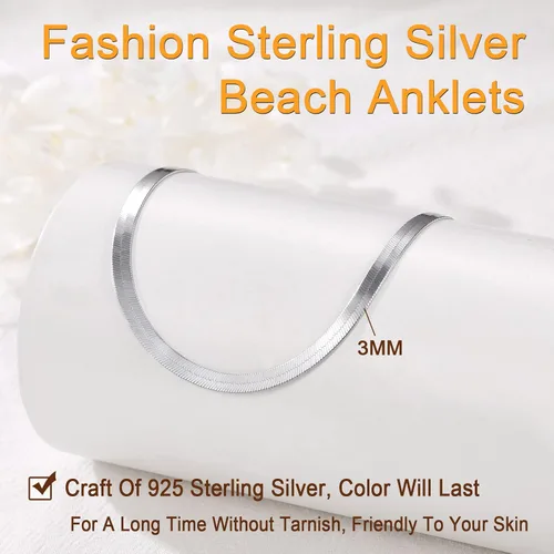 Vista 8 de SILVERCUTE Silver Ankle Bracelets for Women, Sterling Silver Initial Anklet Layer Wear Handmade A-Z Letter Anklet, FlowerFigaroCuban LinkHerringbone