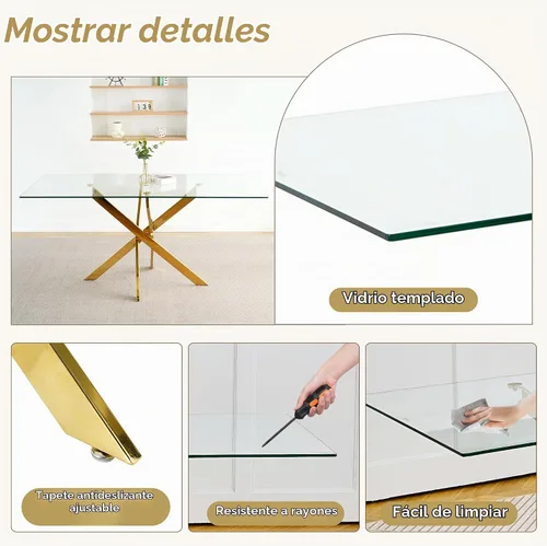Vista 4 de Juego de mesa de comedor de cristal dorado moderno de 63 pulgadas para 6, juego de mesa de cocina rectangular de 7 piezas con patas de acero Negro