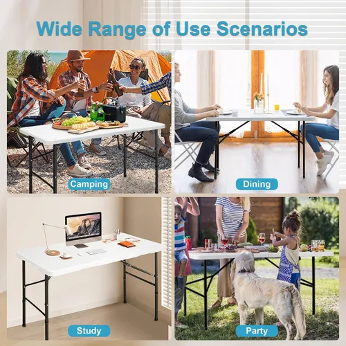 Vista 4 de Bblife Mesa portátil plegable para eventos de 4 pies, mesa de camping de plástico con 2 alturas ajustables, mesa de utilidad resistente para Blanco