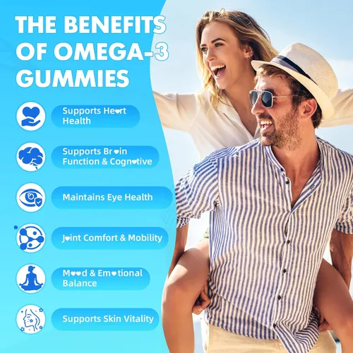 Vista 5 de softbear Gomitas Omega 3 para mujeres, hombres y niños, suplementos Omega 3 de 1200 mg de ácidos grasos veganos Omega 3 DHA EPA con vitaminas que
