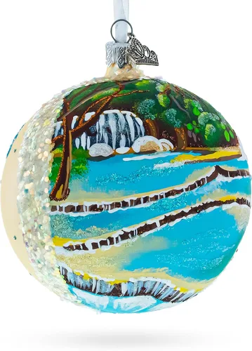 Vista 2 de Kuang Si Cascada, Laos Bola De Cristal Adorno De Navidad 4 Pulgadas