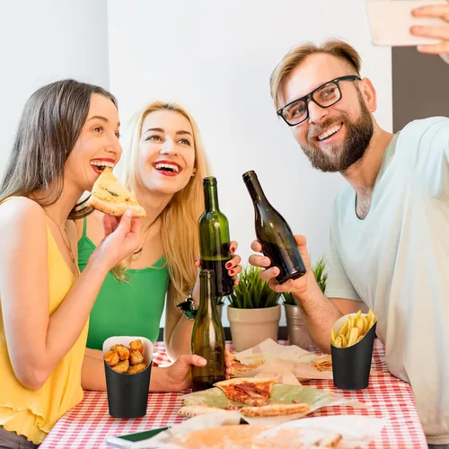 Vista 7 de Potchen 100 tazas de papas fritas de 14 onzas, papel negro, soportes para papas fritas, caja de palomitas de maíz, conos de gofre, para fiestas