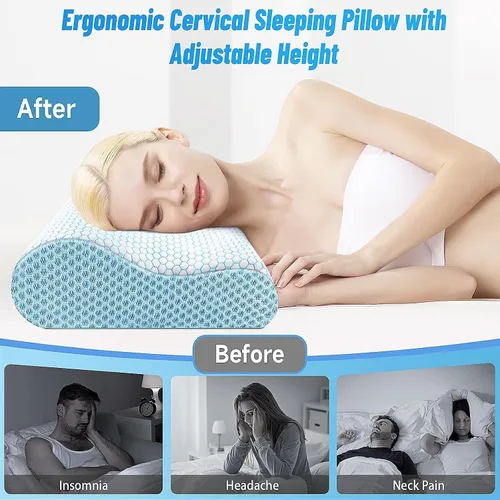 Vista 6 de Almohada cervical ergonómica para dormir, tamaño Queen azul Memory Foam Bed Pillow for Side Back Stomach Sleepers, Contour Fit Neck Pillow for