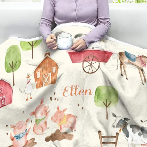 Vista 4 de Divertidas mantas de sherpa personalizadas con animales de granja para niños y niñas, suave manta para siesta de recién nacido, regalo de ducha, 30