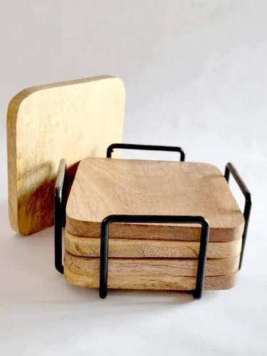 Vista 3 de Juego de 6 posavasos de madera con soporte, posavasos de madera absorbentes naturales para bebidas, juego moderno de posavasos para protección