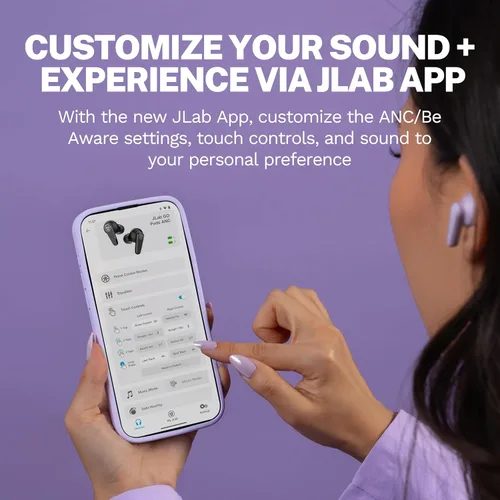 Vista 5 de JLab Go Pods ANC Auridífonos True Wireless Bluetooth con Estuche de Carga, Cancelación Activa de Ruido Híbrida + Sé Consciente para una Escucha Lila