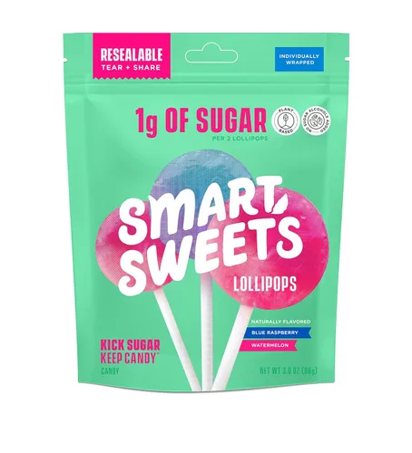 Vista 10 de SmartSweets Paletas, 3oz, sabor a frambuesa azul y sandía, caramelo duro con bajo contenido de azúcar (1g), bajo en calorías (40), sin edulcorantes