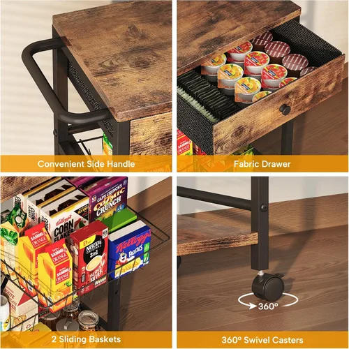 Vista 6 de Organizador de cocina y carrito de almacenamiento con cajón de tela y asa práctica, carrito organizador de aperitivos con 2 cestas extraíbles y 2