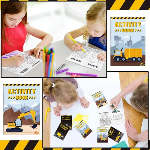 Vista 5 de Sinmoe Juego de 36 libros de actividades para fiestas infantiles, incluye camiones de construcción: camiones volquete, excavadoras, grúas, tractores