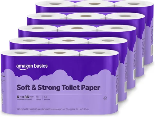 Vista 10 de Amazon Basics - Papel higiénico suave y resistente de 2 capas, 6 mega rollos = 24 rollos regulares, sin perfume, 340 hojas (6 rollos)