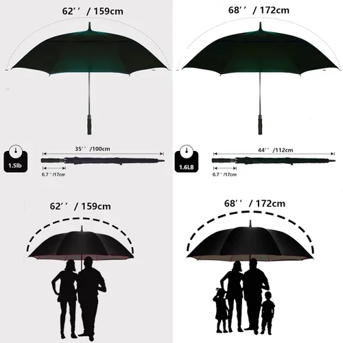 Vista 2 de Paraguas de golf extragrande de 62, 68 y 72 pulgadas, con doble dosel ventilado, resistente al viento, impermeable, de apertura automática