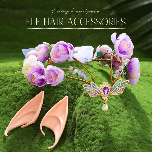 Vista 3 de BARTOSI Diadema de elfo con corona de hadas, diadema de elfo, tocado de bosque, floral, diadema renacentista, disfraz de Halloween, accesorios