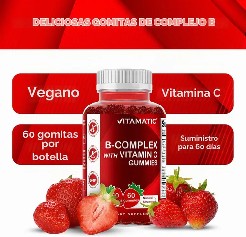 Vista 4 de Gomitas de complejo de vitamina B Vitamatic con vitamina C e inositol - Sabor natural a fresa - 60 gomitas (1 botella) Con B12, B9, B7, B6, B5