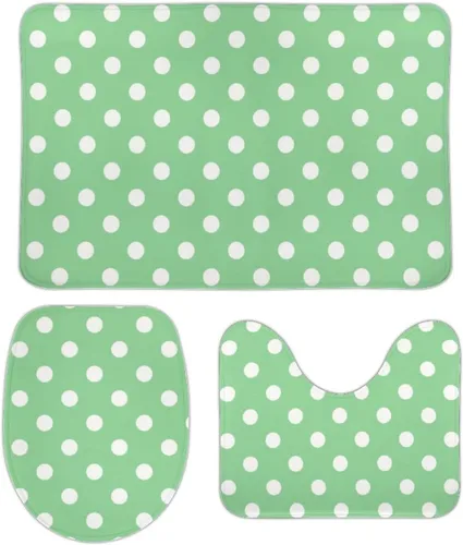 Vista 42 de Juego de 3 alfombras de baño con diseño de lunares, color azul aguamarina, antideslizante, con contorno en forma de U y tapa de inodoro
