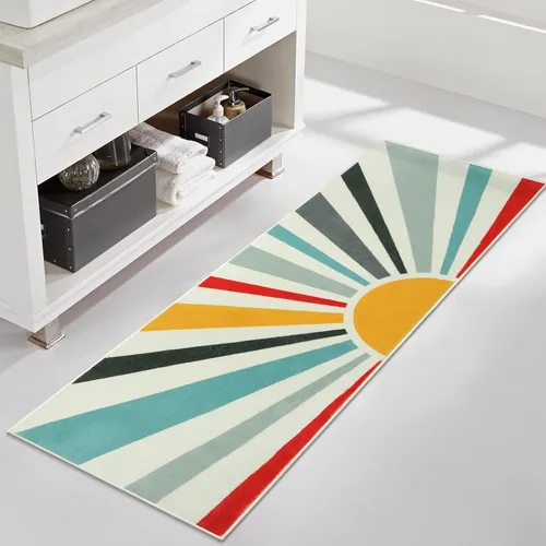 Vista 7 de Uphome Alfombra de baño bohemia, moderna, colorida, antideslizante, suave, linda, lavable a máquina, de terciopelo azul, para fregadero, bañera